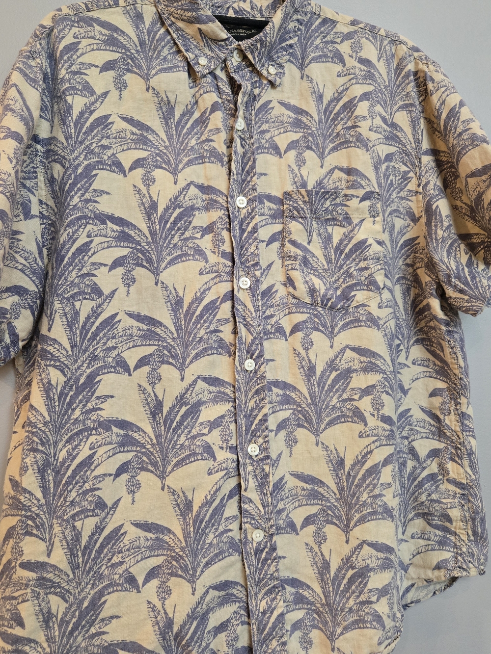 Banana Republic 100% Linen Palm Print Shirt Blue Tropical Resort Mens Medium - Picture 5 of 8